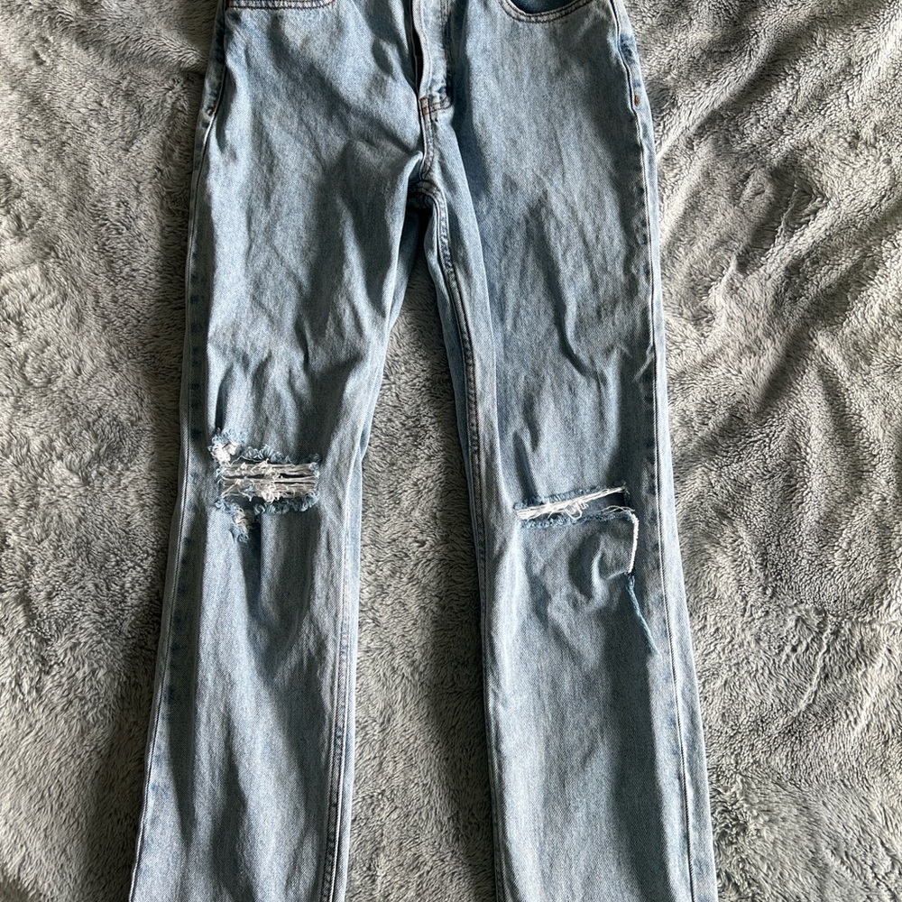 Blue Straight Leg Distressed Jeans